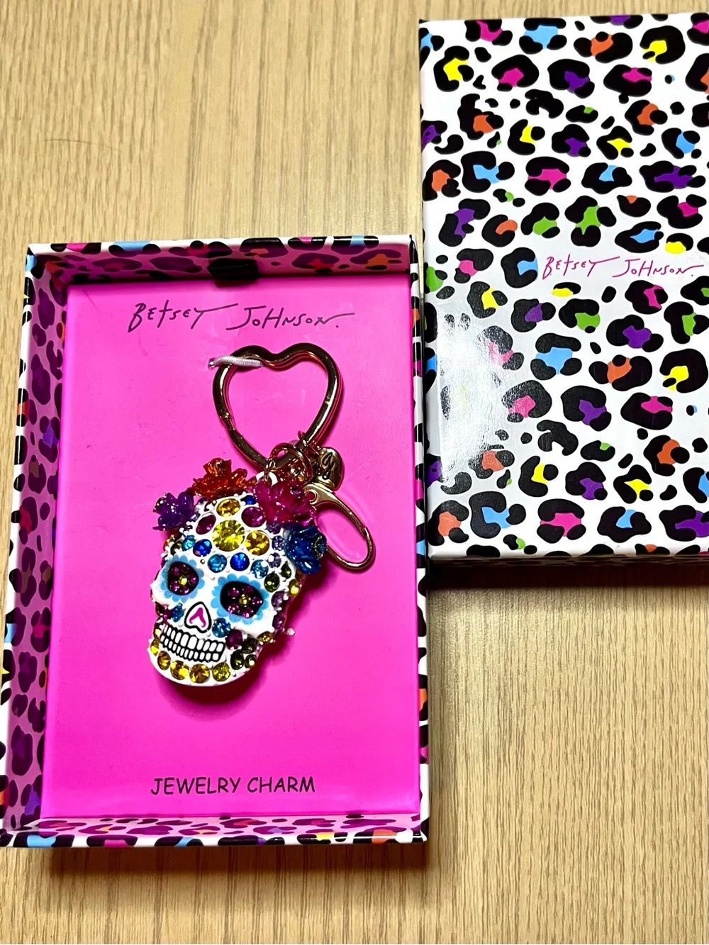 Betsey Johnson White Sugar Skull Bag Charm Keychain with Multicolor Stones - NWT